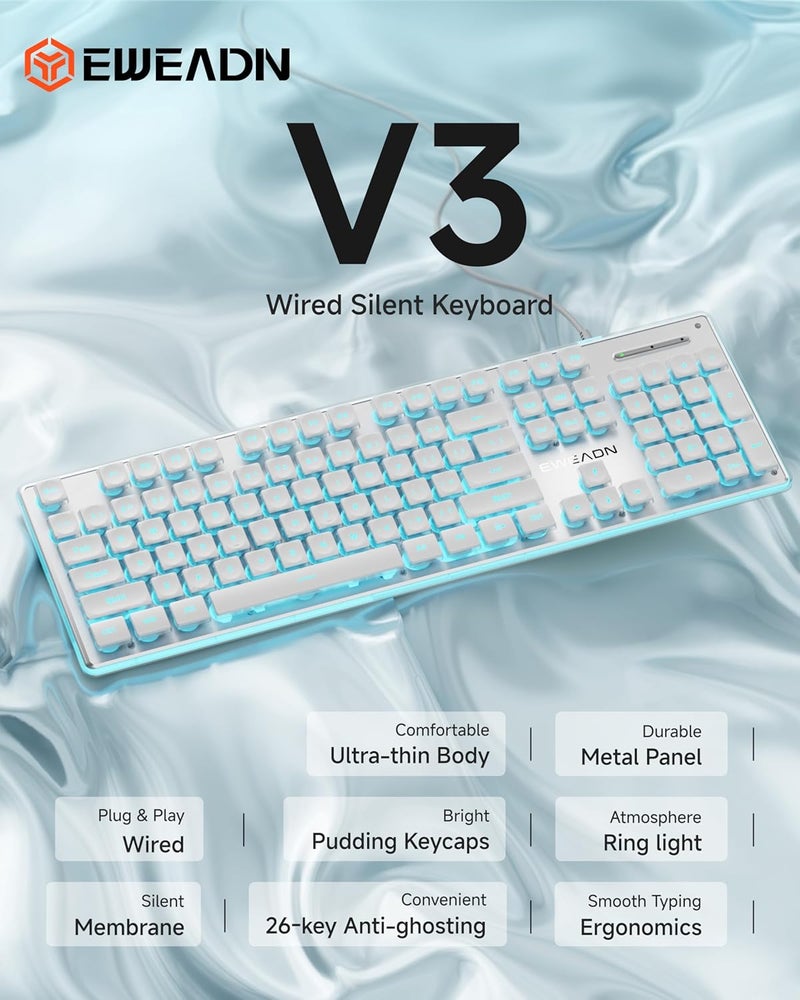 SEUNKWANG GX710S Backlit Computer Keyboards, Wired USB Keyboard with Blue Backlit, Metal Panel, Plug and Play, Pudding Keycaps Full Size Quite Computer Keyboard for Win/PC/Laptop-White - Image 2